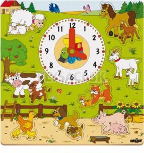 Woody - Hodiny s puzzlami - Zvieratká na farme "Mašinka"