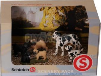 Schleich - Set - Buldog pes, fena, šteňatá, dánska doga a šteňa