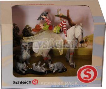 Schleich - Set - Medvedík čistotný, mláďa medvedíka čistotného, Elf Marwin na koni