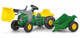Rolly Toys - Šliapací traktor Rolly Kid John Deere s vlečkou a nakladačom - zelený